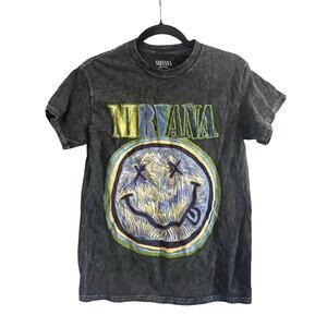 NIRVANA Smiley Face Black Licensed Vintage-Look Tee - Unisex Sz Small - NWOT